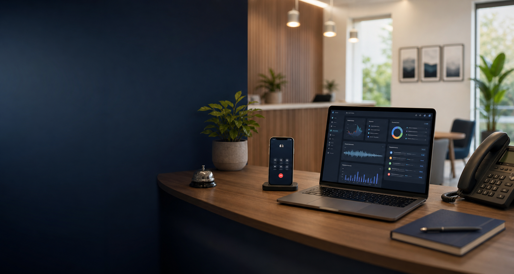 AI phone assistant dashboard on a small business reception desk